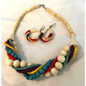 Vintage 80s 90s Bright Multicolored Chunky Wood Necklace and Earrings